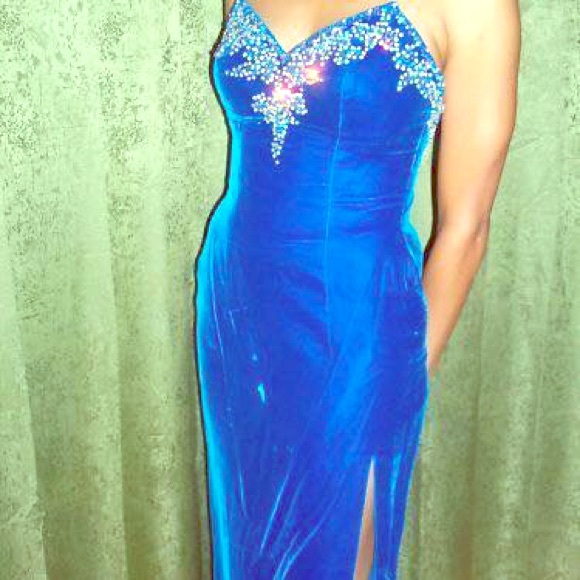 blue velvet evening gown